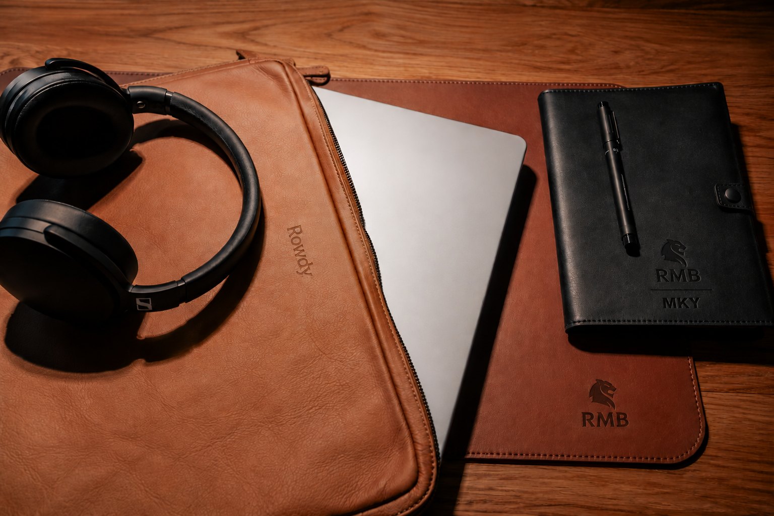 RMB branded leather folio and notebook cover with stamped logo and initials