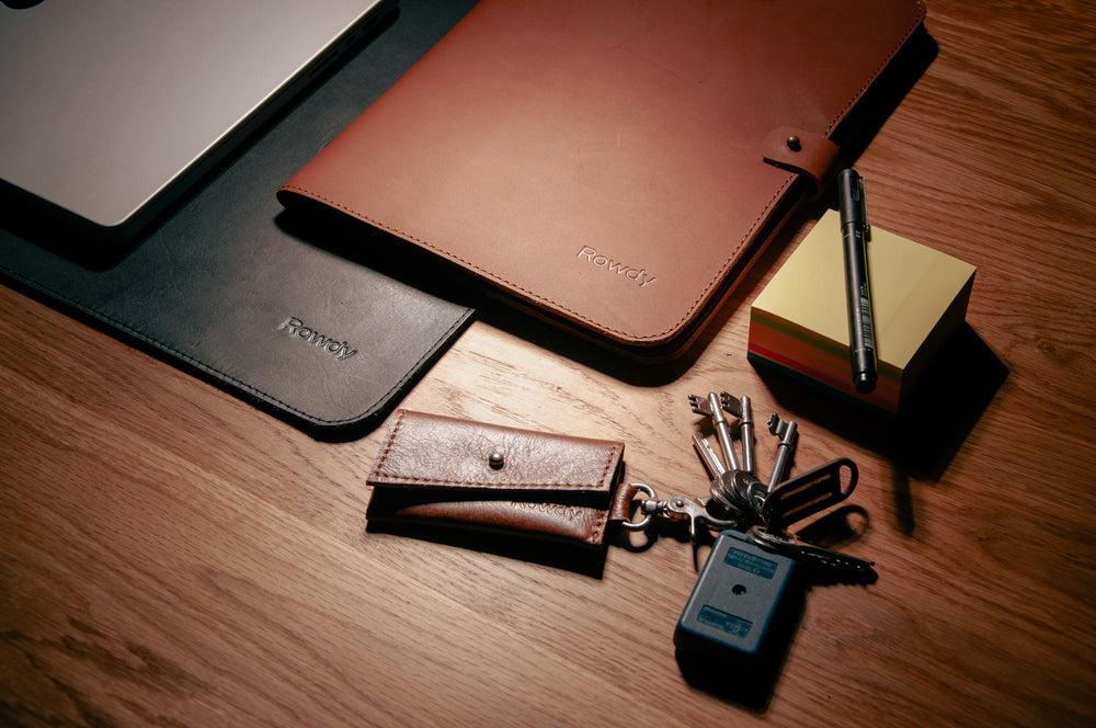 ROWDY corporate gift collection with leather laptop cases, key holder and accessories